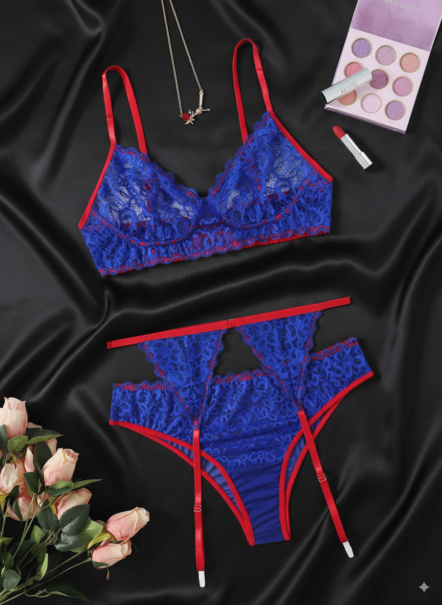 Liguero con encaje floral azul Lanna