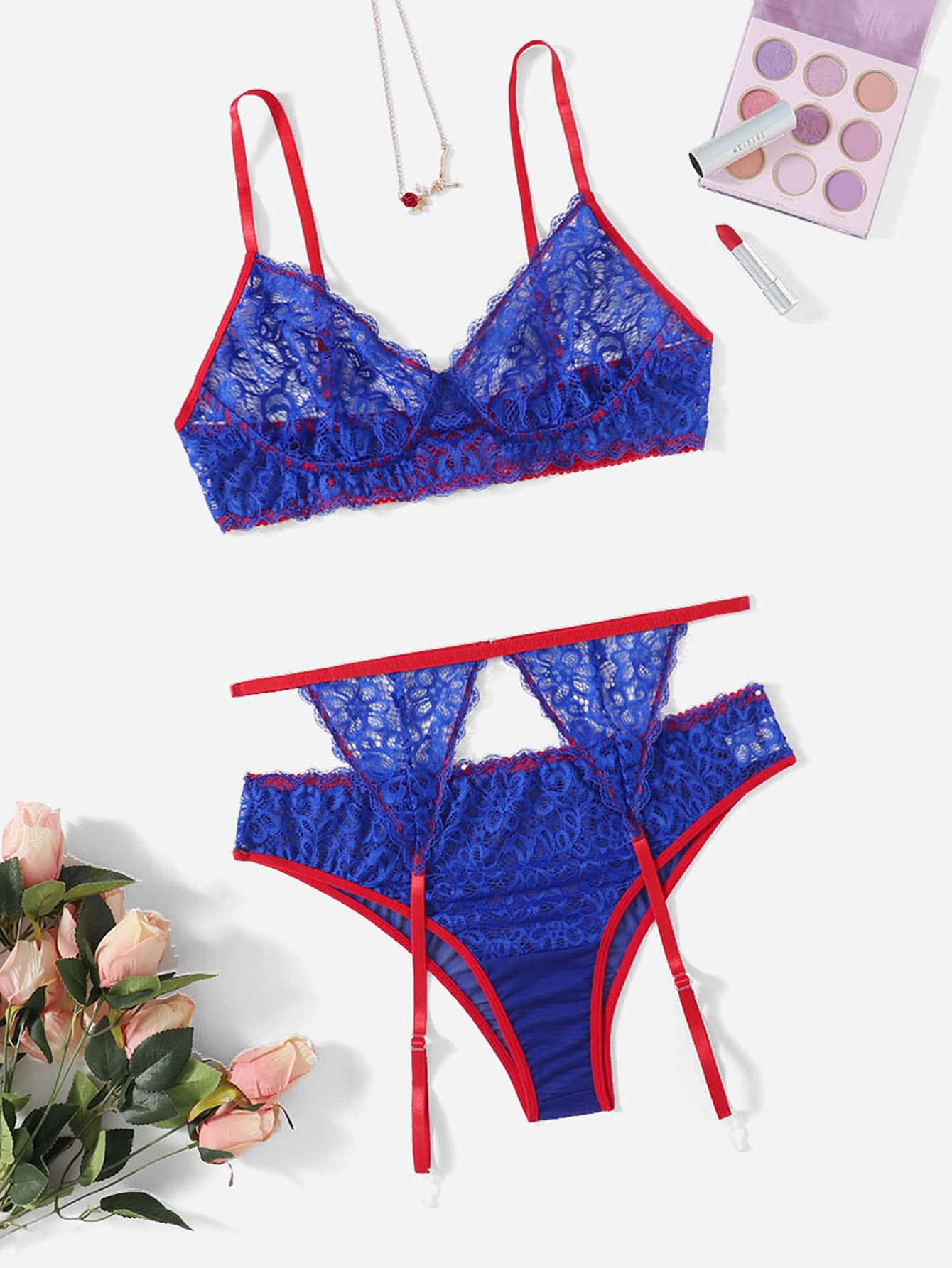 Liguero con encaje floral azul Lanna