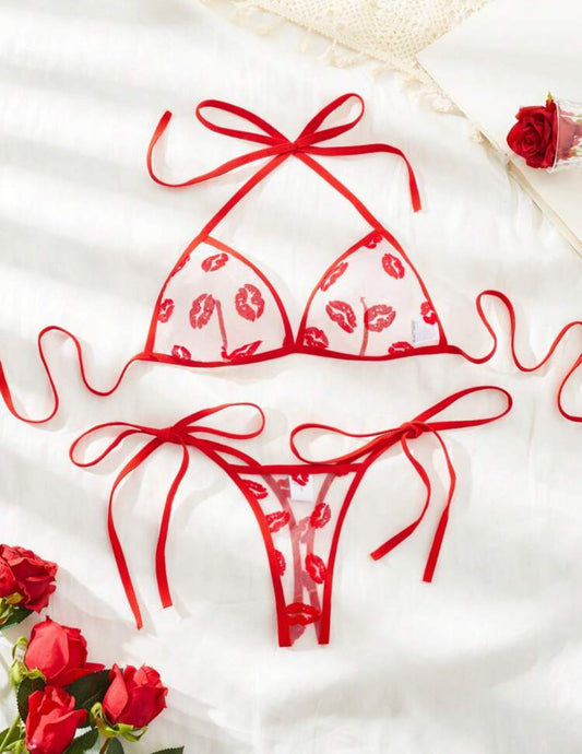 Set de lencería con bordado de besitos Rojo