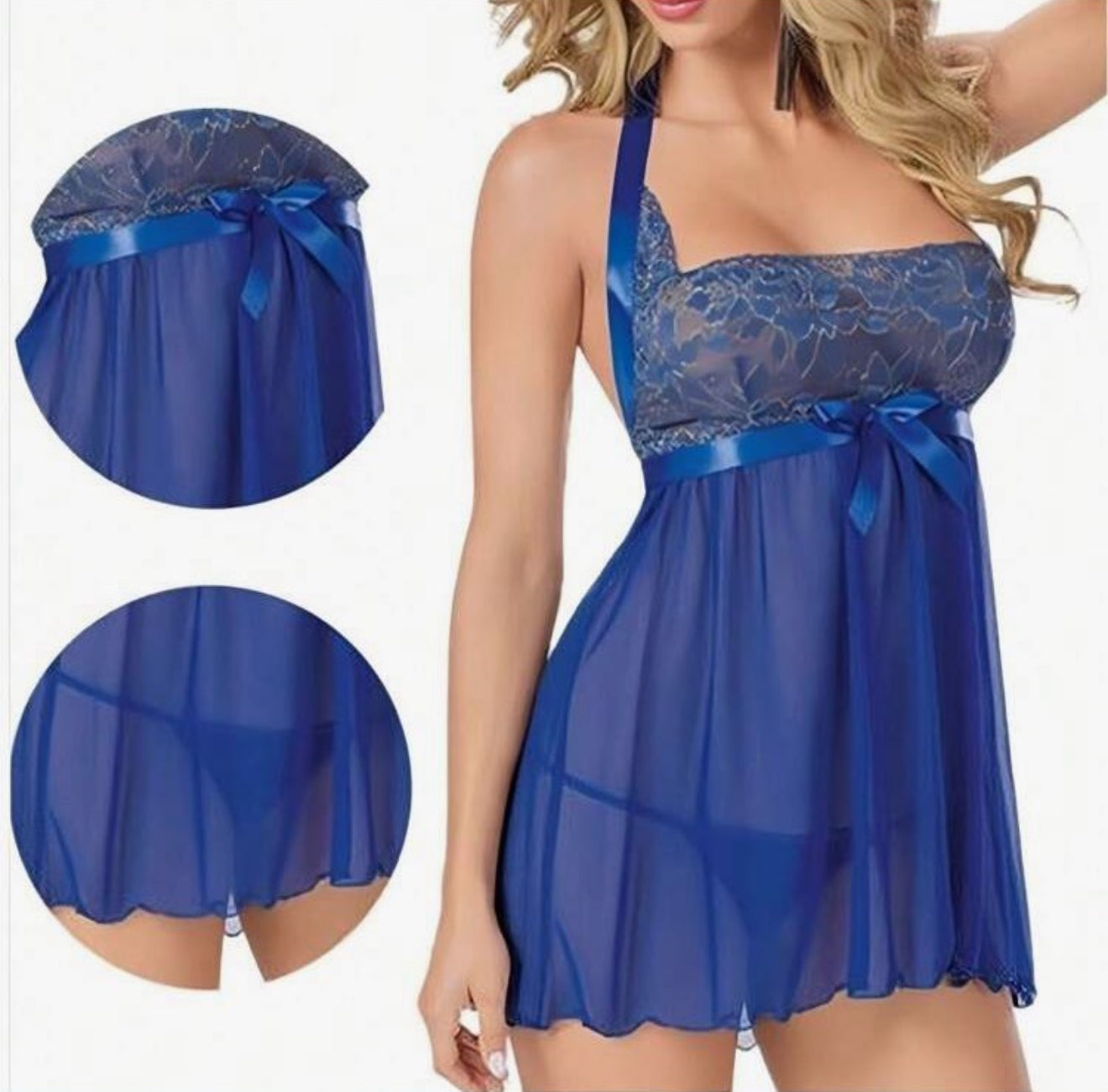 Baby doll con encaje azul Nora con tanga