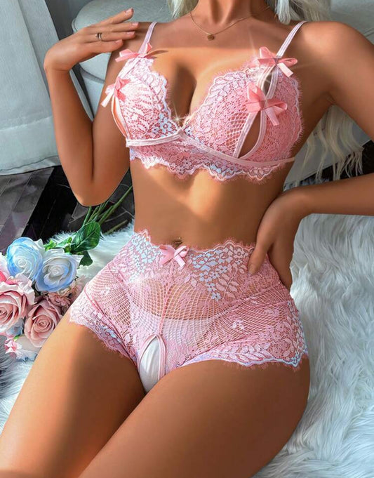Conjunto de lencería rosa sin entrepierna Alba